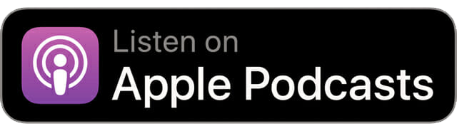 a black button with the purple apple podcasts icon in the left corner and text saying 'Listen on apple podcasts'